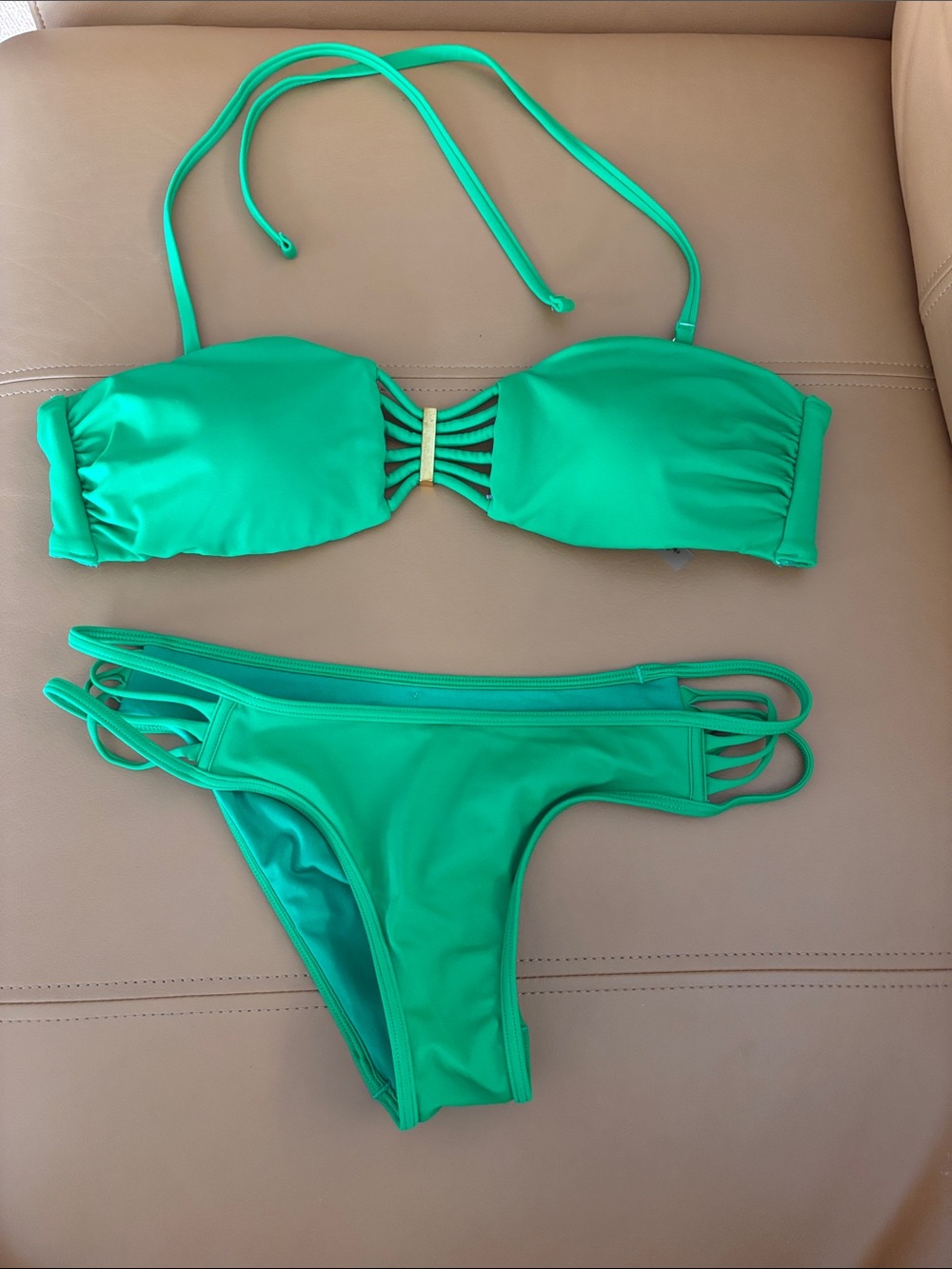 Victoria’s Secret Green Strappy Bandeau Bikini Set - top Large bottom small